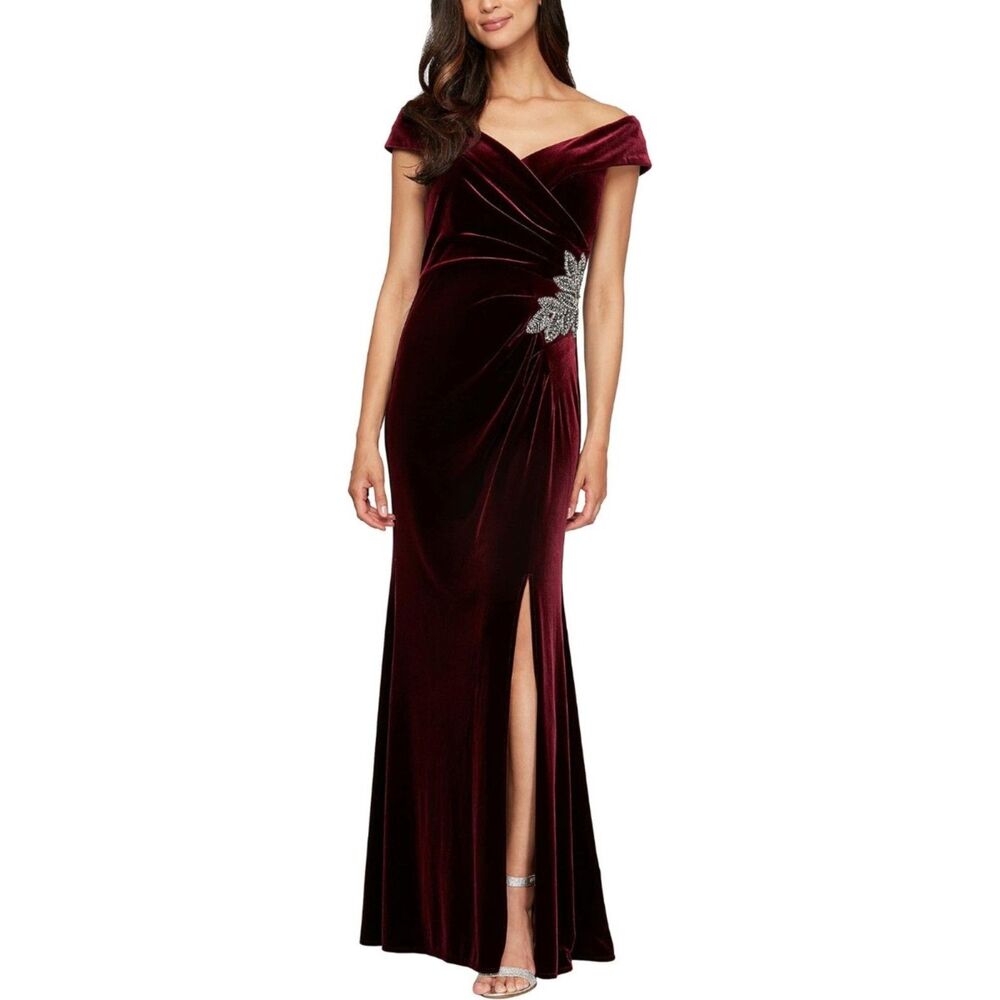 Alex Evenings Women's Long Off The Shoulder Fit and‎ Flare Dress, Wine, 8